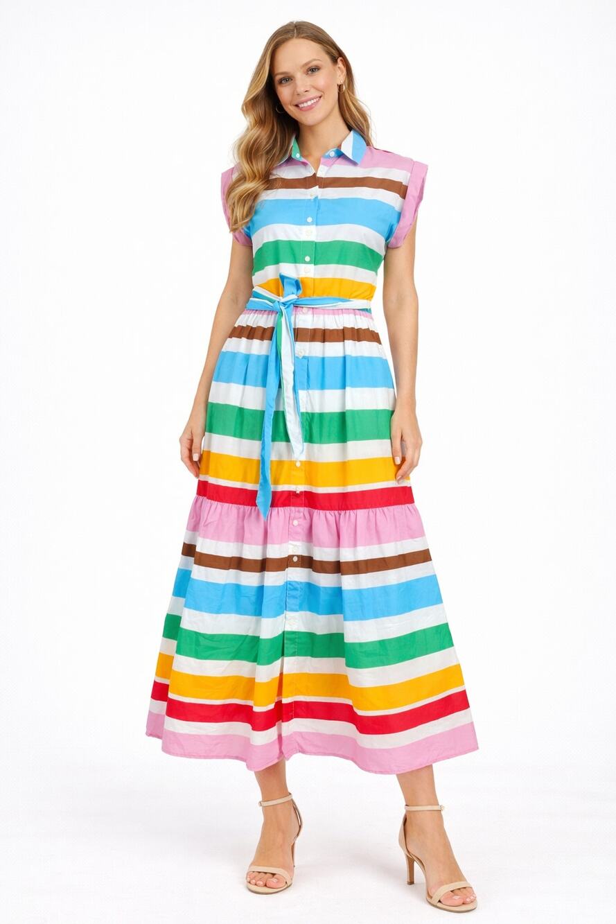 J Crew Short Sleeve Striped Rainbow Midi Shirt Dress Belted Womens Size 4